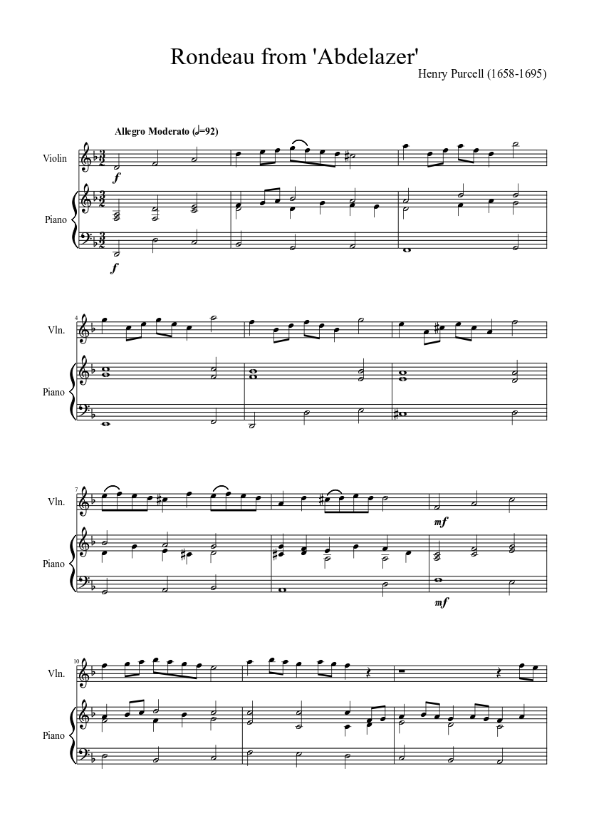 Rondeau from 'Abdelazer' - piano sheet music page 1