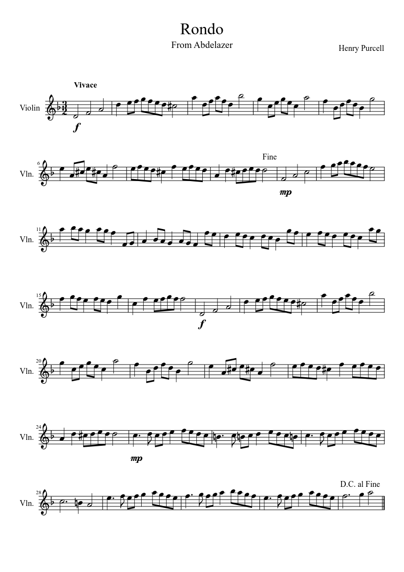 Rondo - From Abdelazer - piano sheet music page 1