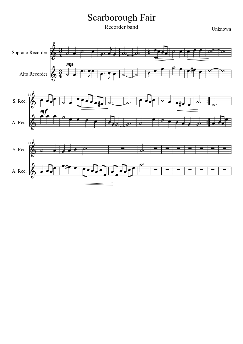 Scarborough Fair Alto and Descant recorder part. - piano sheet music page 1