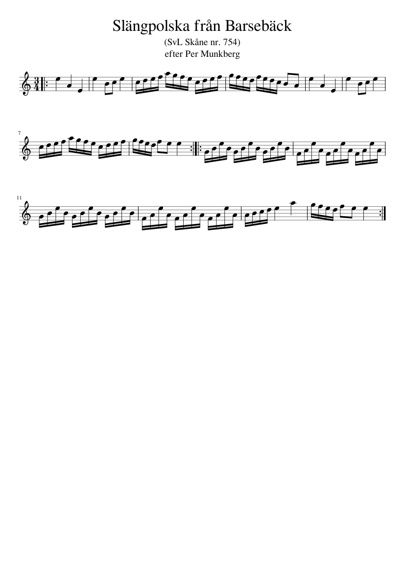 Slängpolska från Barsebäck - piano sheet music page 1