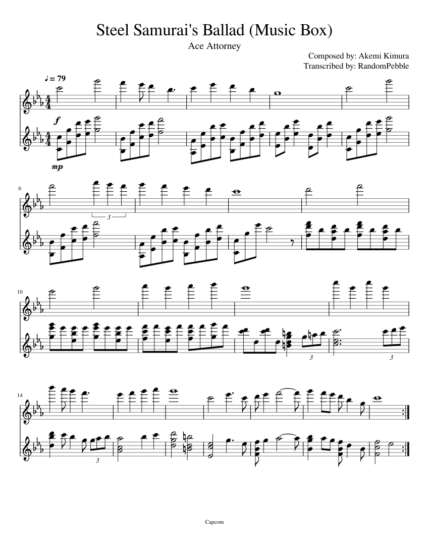 Steel Samurai's Ballad (Music Box) - Ace Attorney - piano sheet music page 1