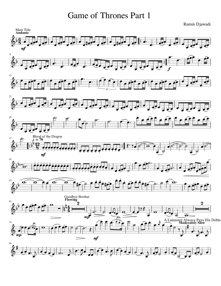 The Ultimate Game of Thrones Medley for Clarinet: Part 1 - piano sheet music page 1