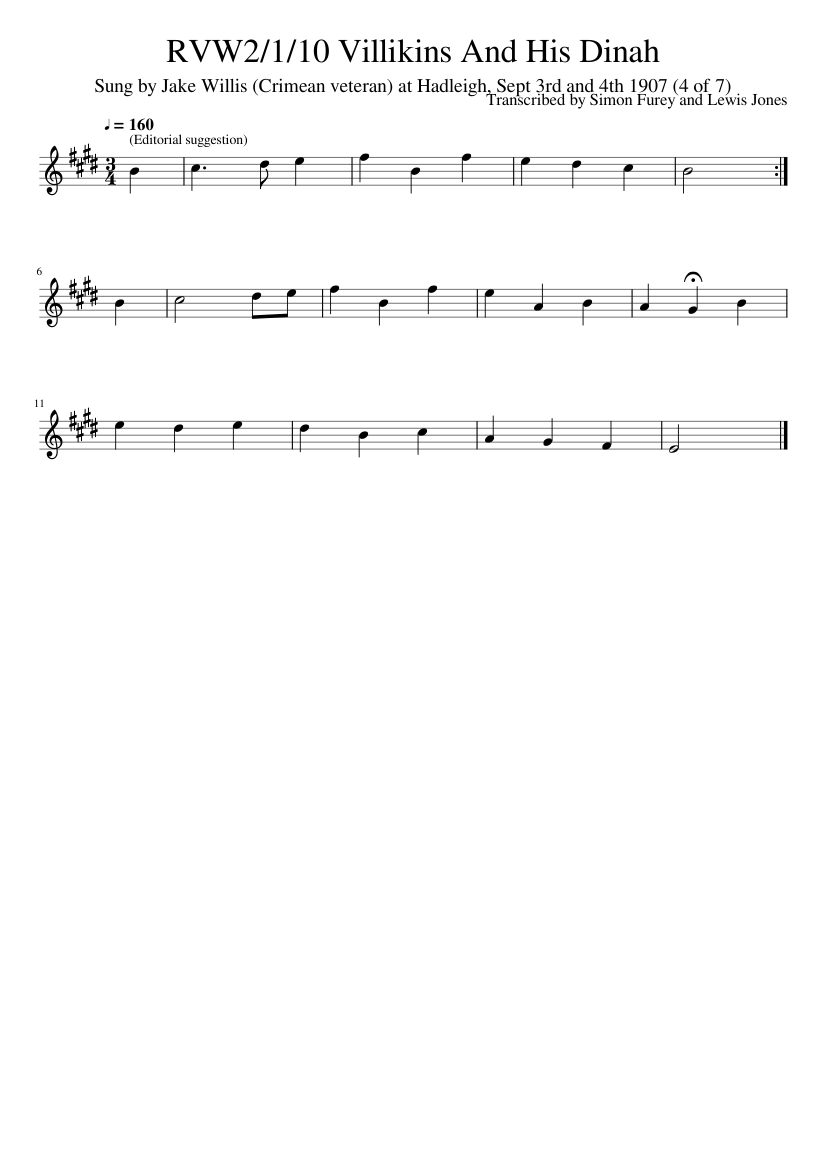 Transcribed by Simon Furey and Lewis Jones - RVW2/1/10 Villikins And His Dinah - piano sheet music page 1