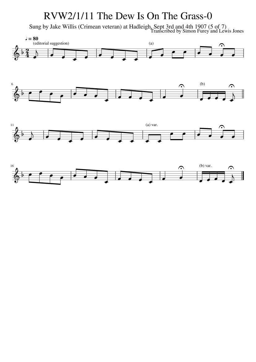 Transcribed by Simon Furey and Lewis Jones - RVW2/1/11 The Dew Is On The Grass-0 - piano sheet music page 1