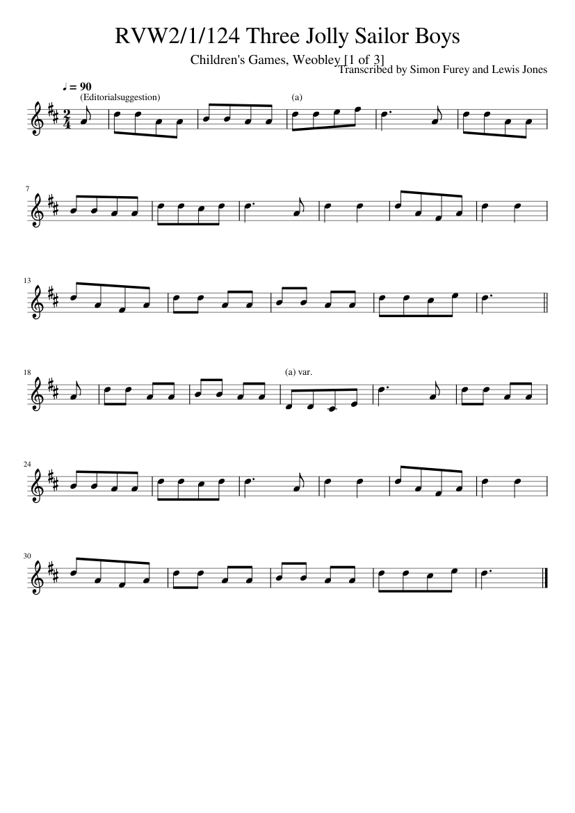 Transcribed by Simon Furey and Lewis Jones - RVW2/1/124 Three Jolly Sailor Boys - piano sheet music page 1