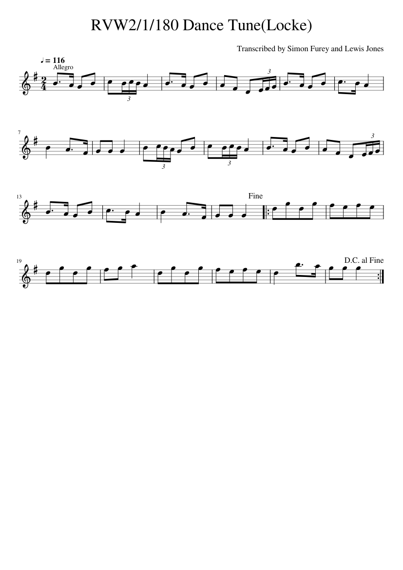 Transcribed by Simon Furey and Lewis Jones - RVW2/1/180 Dance Tune(Locke) - piano sheet music page 1