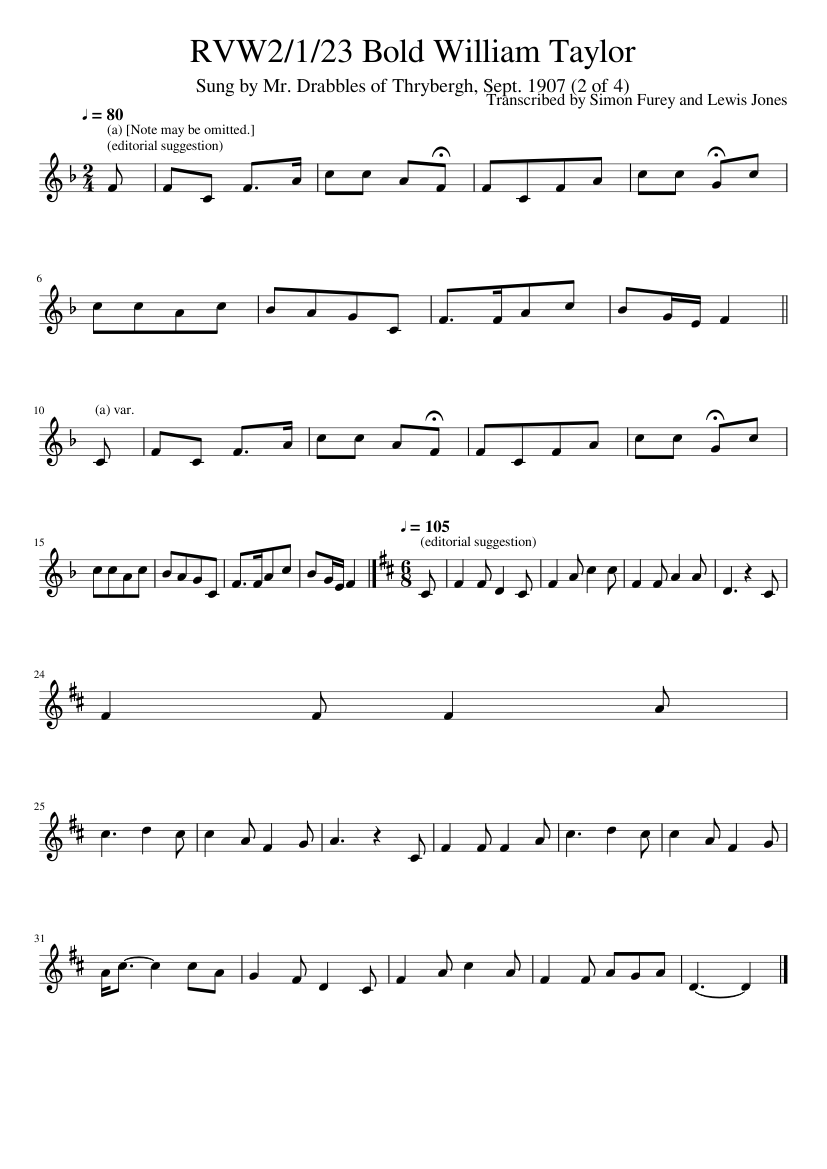 Transcribed by Simon Furey and Lewis Jones - RVW2/1/23 Bold William Taylor - piano sheet music page 1