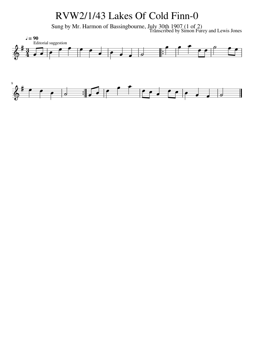 Transcribed by Simon Furey and Lewis Jones - RVW2/1/43 Lakes Of Cold Finn-0 - piano sheet music page 1