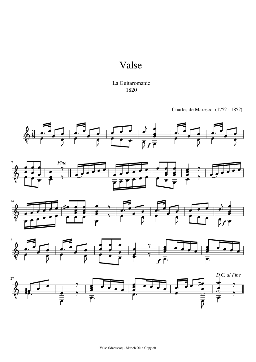Valse I - La Guitaromanie - Charles de Marescot (17?? - 18??) - piano sheet music page 1