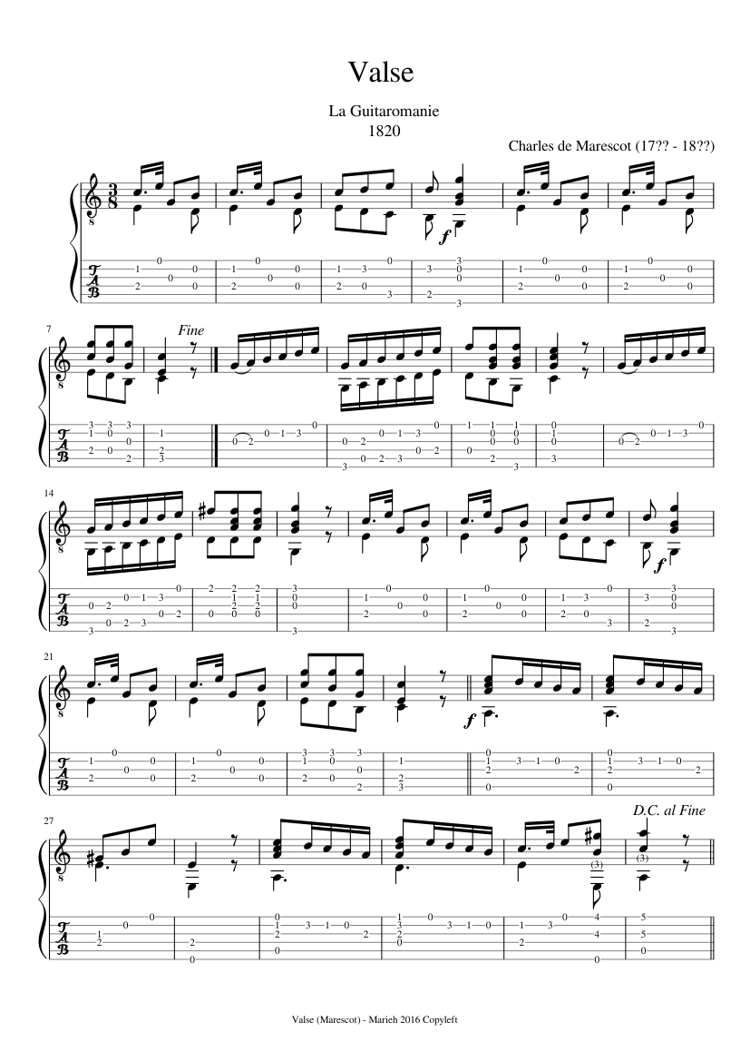 Valse I - La Guitaromanie - Charles de Marescot (17?? - 18??) - Tablature - piano sheet music page 1