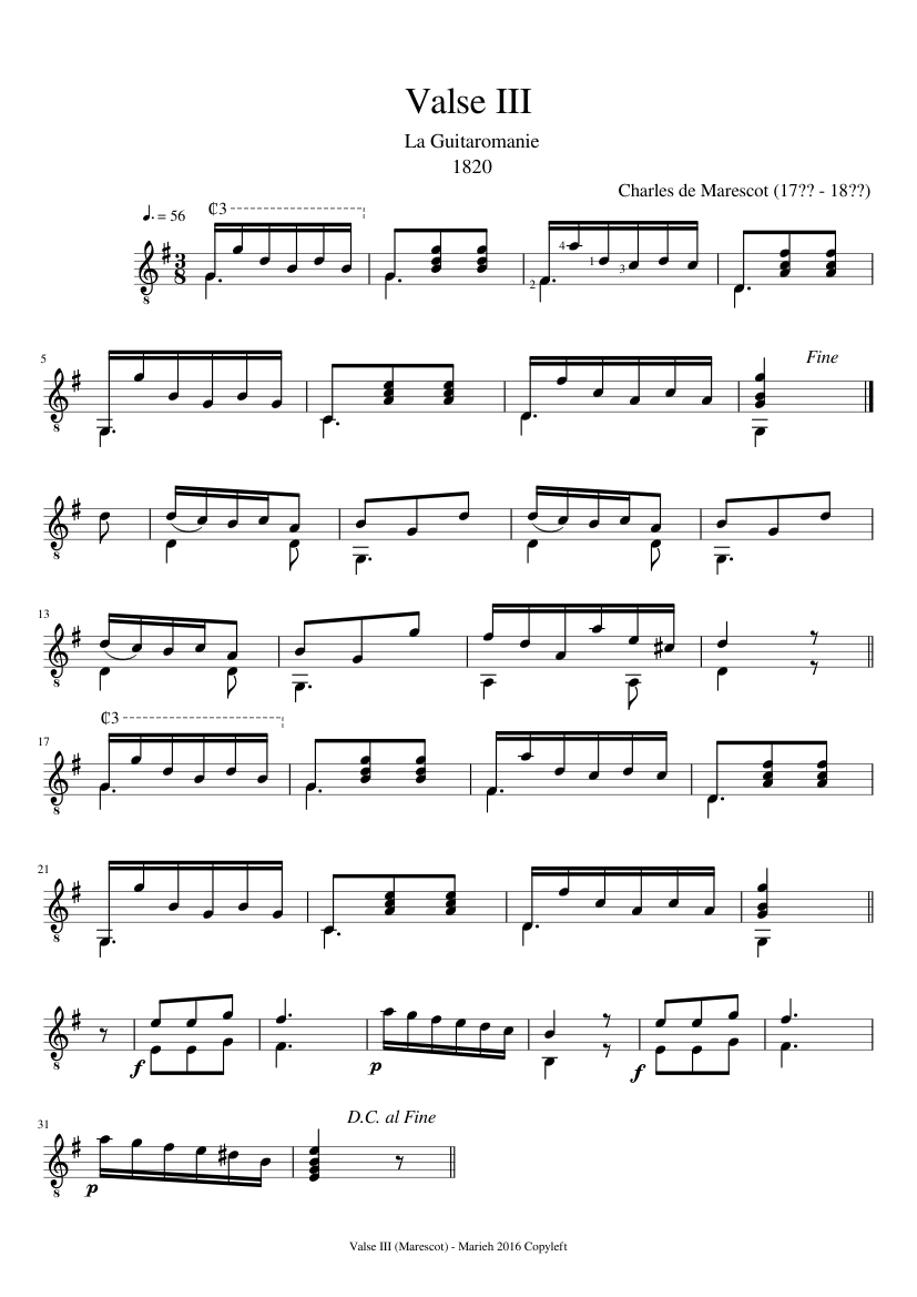 Valse III - La Guitaromanie - Charles de Marescot (17?? - 18??) - piano sheet music page 1
