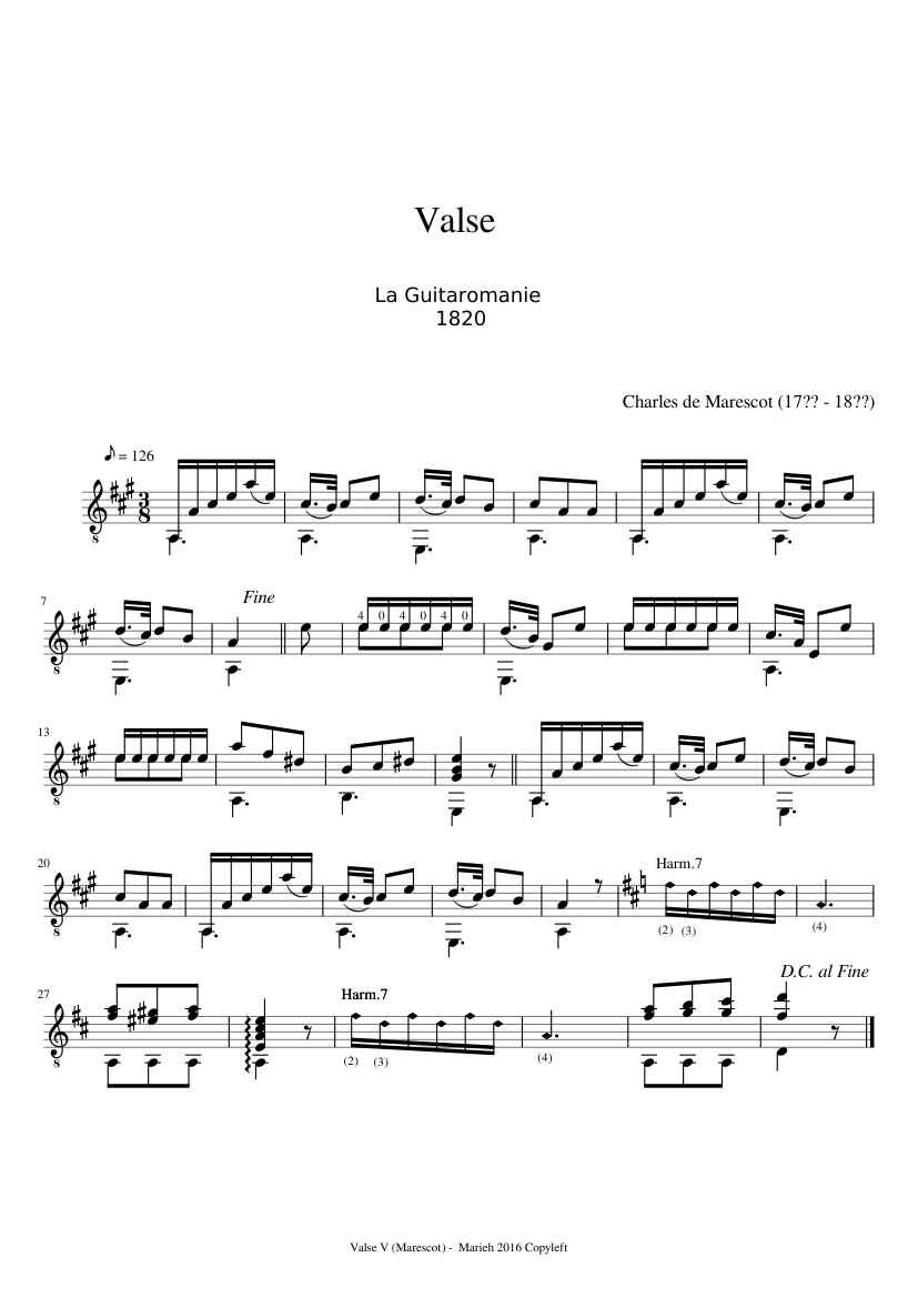 Valse V -  La Guitaromanie - Charles de Marescot (17?? - 18??) - piano sheet music page 1