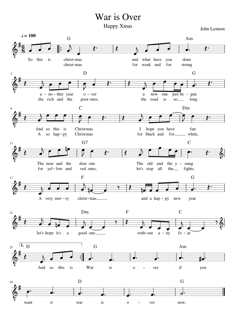 War is Over - piano sheet music page 1